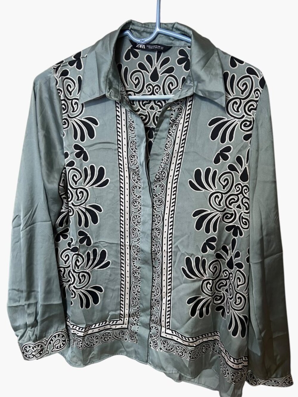 ZARA Green Sage Satin Paisley Bandana Print Blouse M